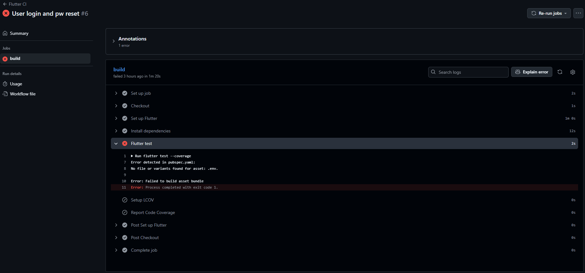 A failure GItHub Actions build screenshot, where it stops at Flutter test step.